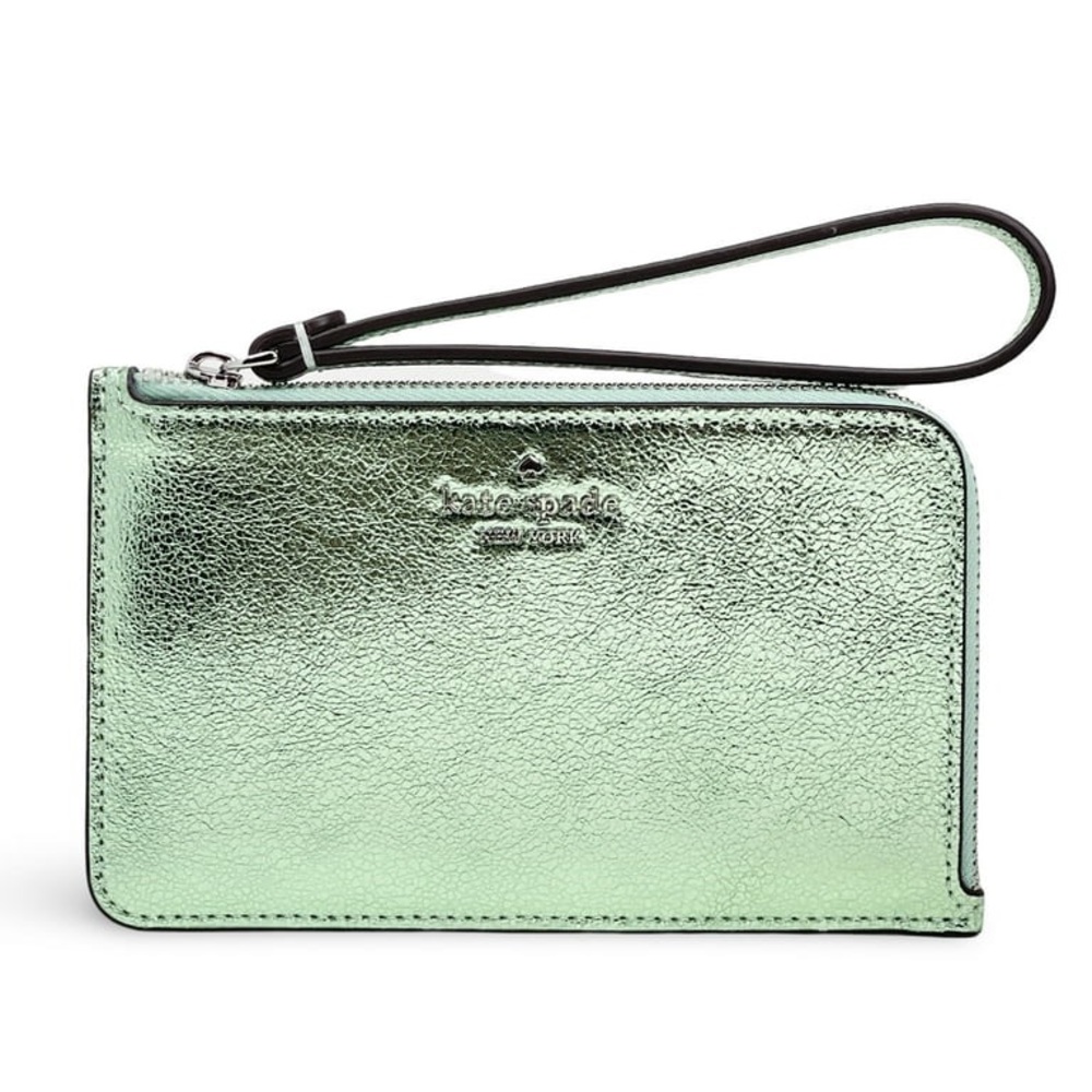 New Kate Spade Lucy Metallic Small L-Zip Wristlet in Seawater